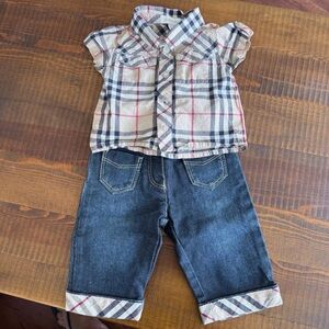 Baby kid set shirt button down + pants jean elastic belt 1/3 months Burberry